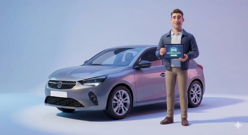 3D illustration of a professional driving instructor with a modern car holding a tablet showing their website